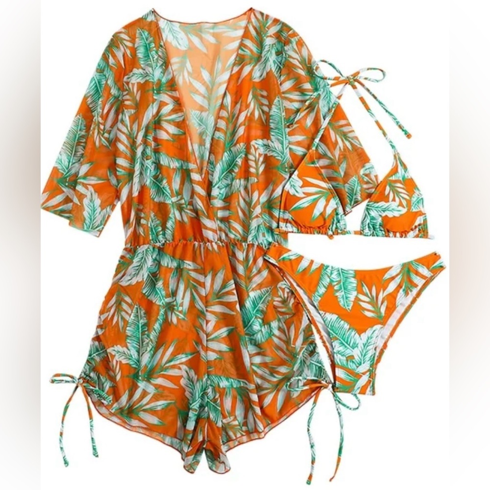 Three Piece Orange, Green & White Tropical Print Bikini & Romper Coverup Set